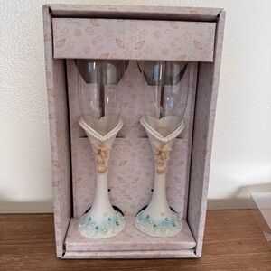 Beach Ocean Themed Celebration Champagne Wine Glasses Pearls Gems Starfish